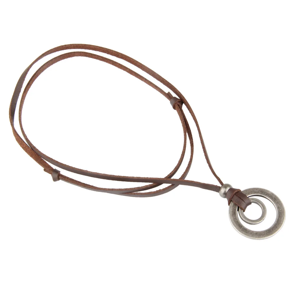 ZMZY Double Circle New Arrival Fashion Long Brown Leather Vintage Hoops Men Pendant Necklace Women Male Female Jewelry