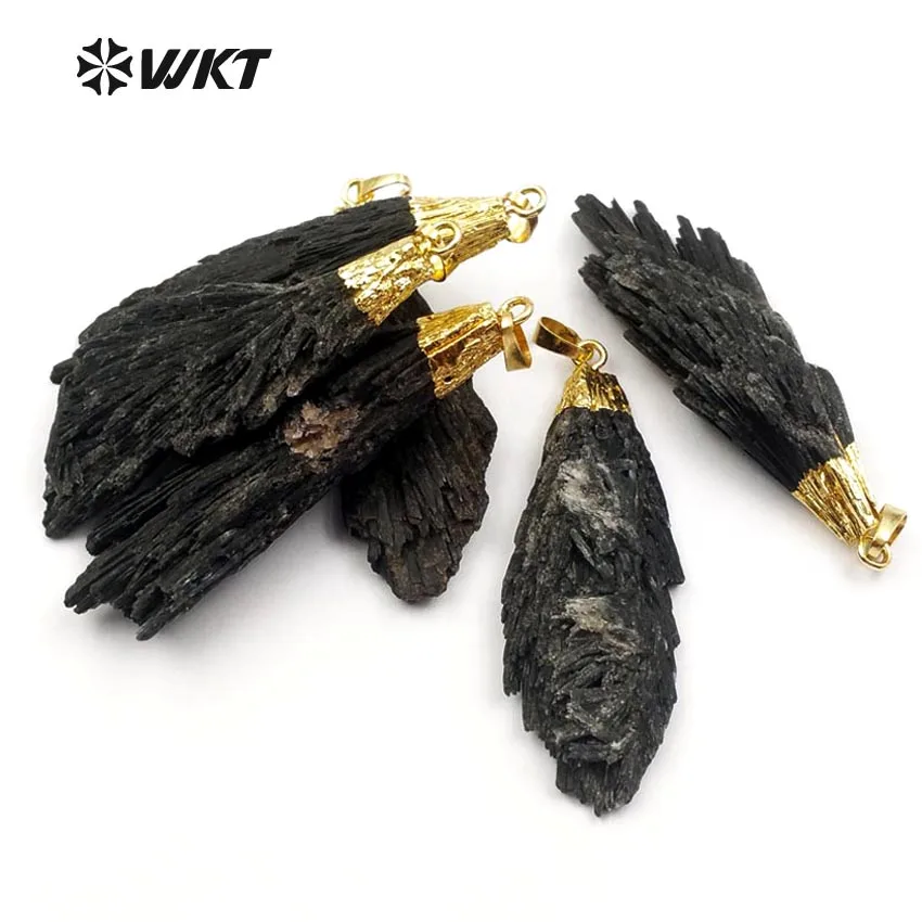 WT-P790 Random Shape Natural Black Kyanite With Gold Capped Pendant Feather Shape Black Stone Pendant Women Trendy Jewelry