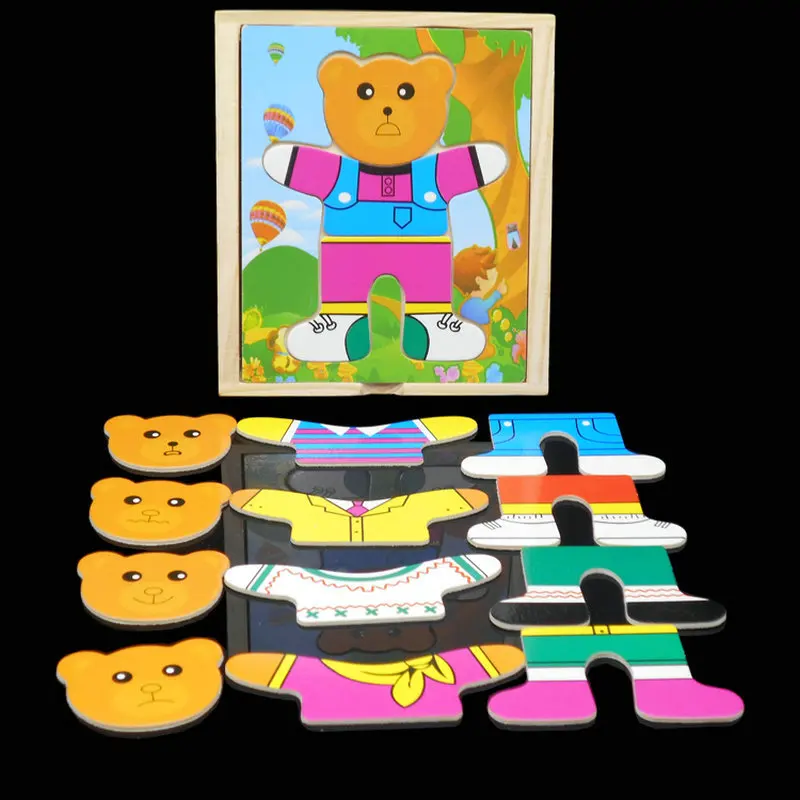 Wooden Jigsaw Puzzle Bear Changing Clothes Early Training Educational Toys, Assembly Kindergarten Supplies Sliding Piece Puzzles