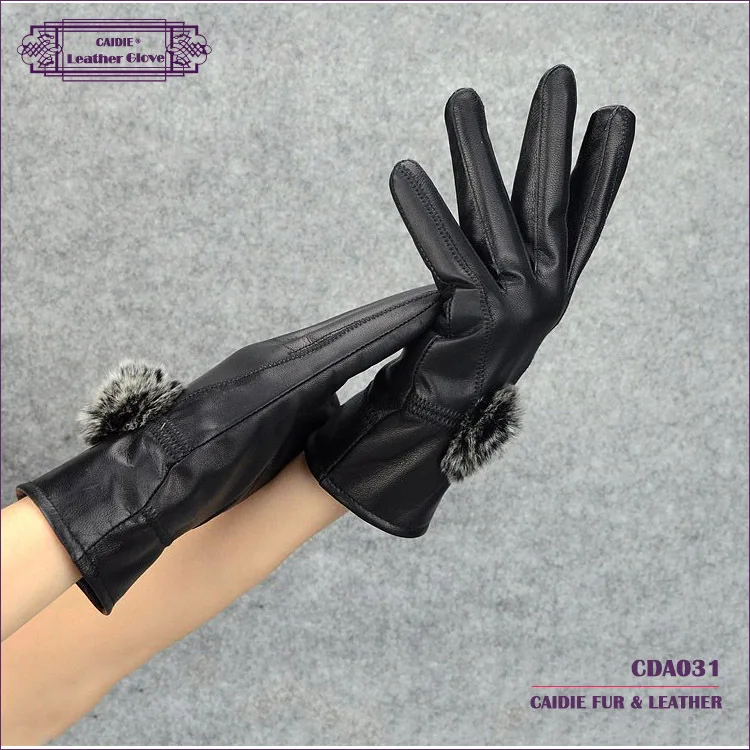 Real Sheepskin Leather Gloves Women Winter Warm Genuine Leather Warm Glove With Rex Eabbit Fur Rose Female