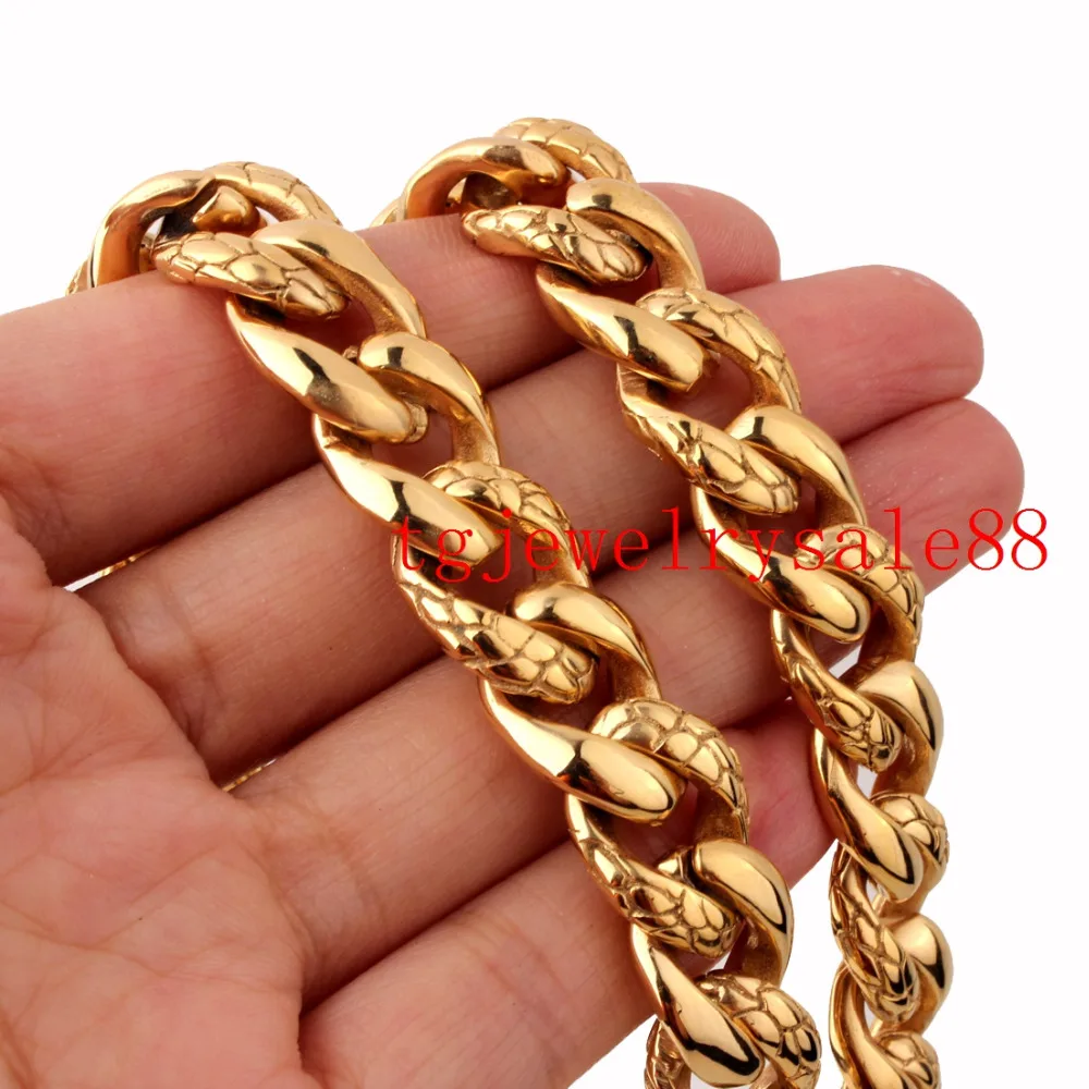 Gold Color 14mm Wide Stainless Steel Casting Cuban Curb Link Chain  Men's Bracelet Or Necklace Jewelry 7-40inch Flower Buckle