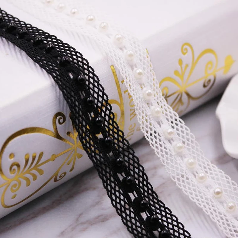 20yards/lot white/black Beaded Lace Trim Tape Fabric Ribbon DIY Collar Sewing Garment Headdress materials