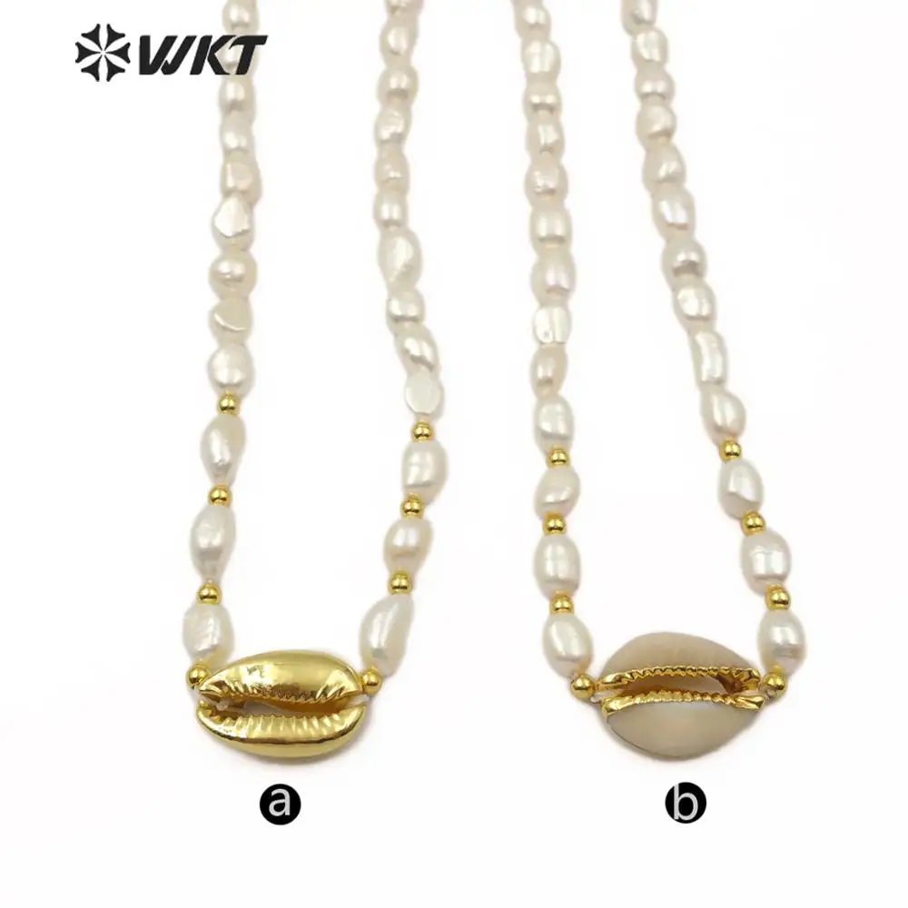 WT-JN089 High Quality Natural Cowrie Shell Pendant With Freshwater Pearl Chain Necklace Wedding Jewelry Gift Elegant Style