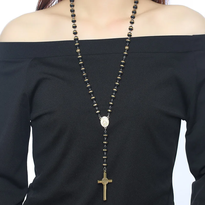 Vnox Black Gold Color Beads Long Rosary Necklace for Women Men Stainless Steel St Benedict Cross Pendant Sweater Chain Unisex