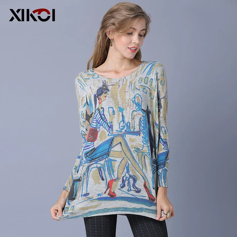 XIKOI Oversize Fashion Women Sweaters Casual Print Regular Warm Pullovers Long Sleeve O-Neck Elegant Lady Sweater Jumper