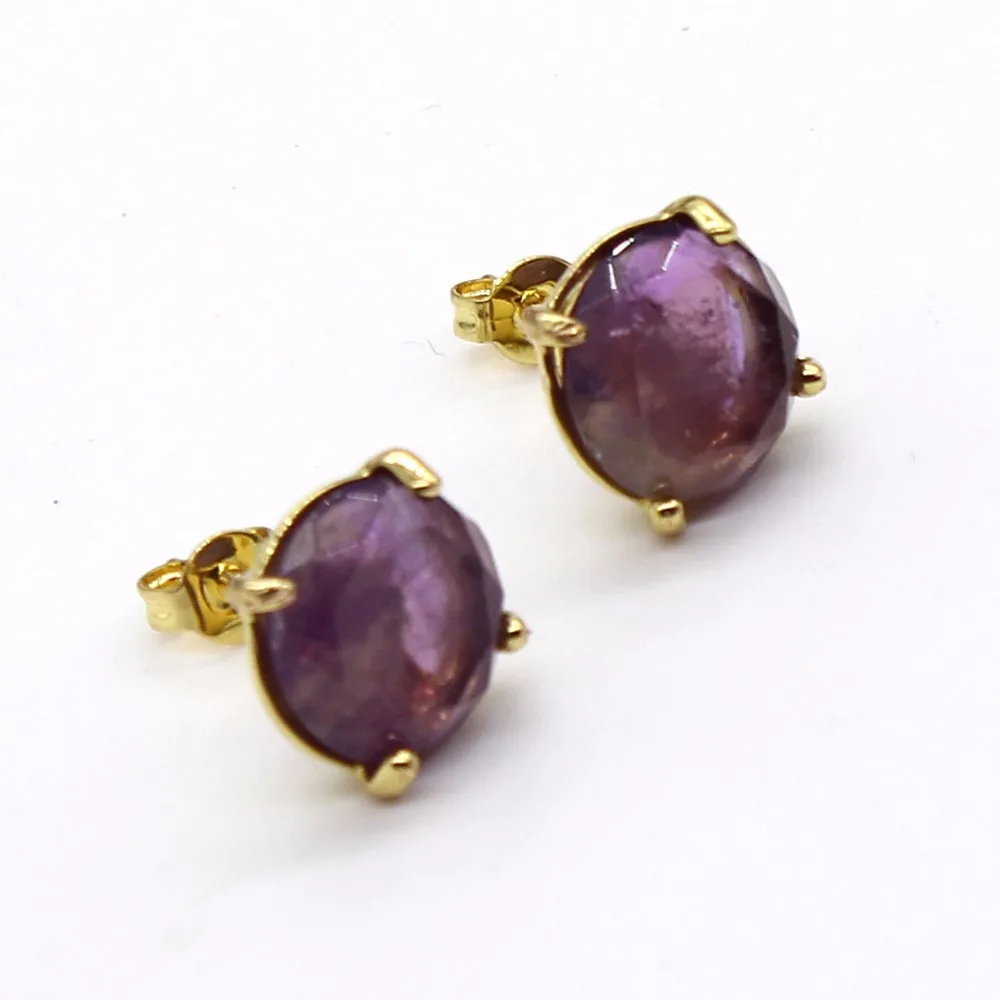 100-Unique Ethnic Style 1 Pair Light Yellow Gold Color Amethysts Round Stud Earrings Elegant Women's Earring