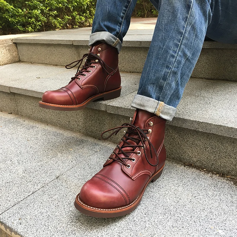 Genuine Leather Top Quality New Men Casual Shoes Luxury Designer British Autumn Winter Ankle Boots Wine Red Motorcycle Boots