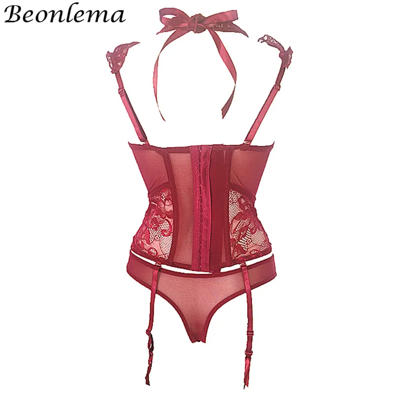 Beonlema Red Sexy Lingerie Corset Bra Gothic Black Bustiers Women Overbust Push Up Gorset See Through Floral Lace Corsets Set
