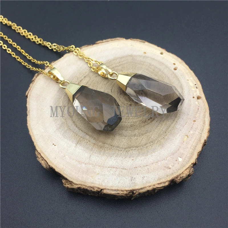 

MY0935 Faceted Smoky Quartzs Point Nail Pendant Necklace,Petite Gem Stone Citrines Bullet Gold Color Necklace