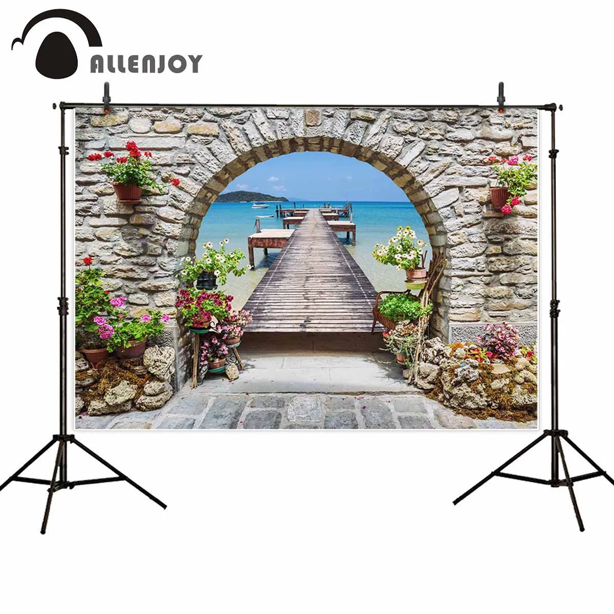 Allenjoy backgrounds for photography studio sea view through stone arch door flowers Wooden Bridge italy backdrop photocall