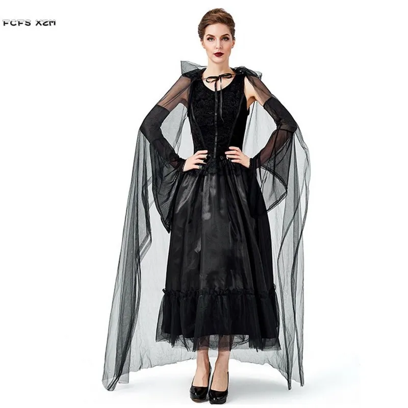 Woman Black Witch Sorceress Cosplay Female Halloween Vampire Costumes Carnival Purim Masquerade Nightclub Role Play Party Dress