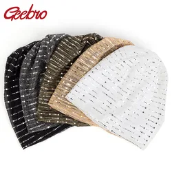 Geebro Fashion Women's Slouchy Spring Winter Metallic Sequin Skullies Beanies Girls Ladies Elegant Unisex Female Caps Hats DQ914