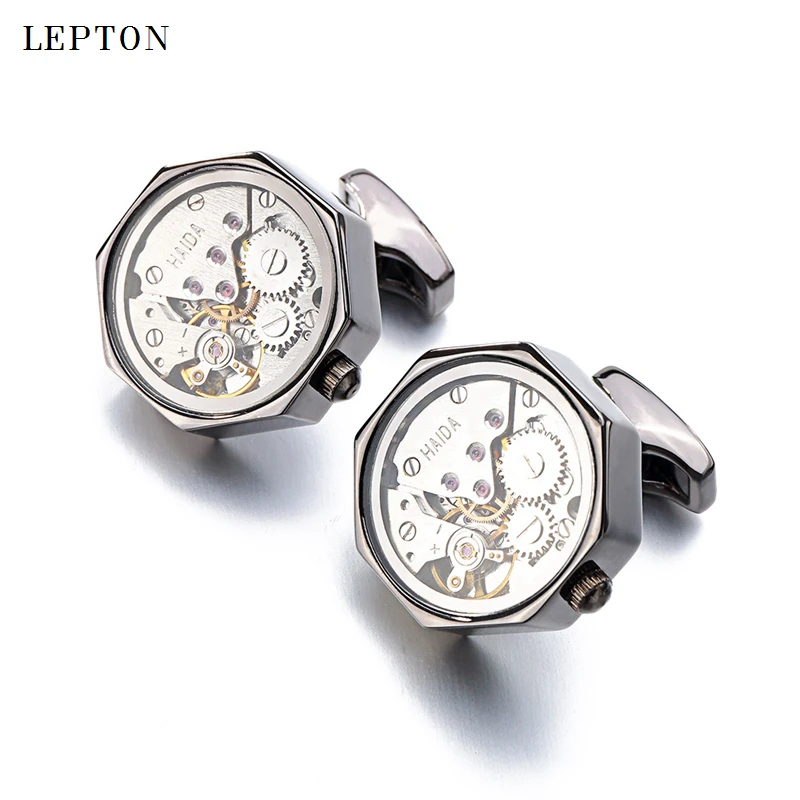 Lepton Watch Movement Cufflinks With Glass On Front, Octagonal Stainless Steel Steampunk Gear Watch Mechanism Cufflinks For Mens