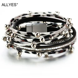 ALLYES Zebra baskı deri bilezikler kadınlar için kristal Metal boncuk Charm katmanlı Bohemian Wrap bilezik kadın mücevheratı