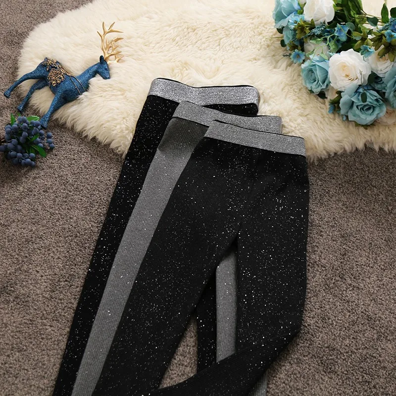 2024 autumn winter New women high-waist bright silk pencil pants female solid color slim knitted trousers bottom leggings