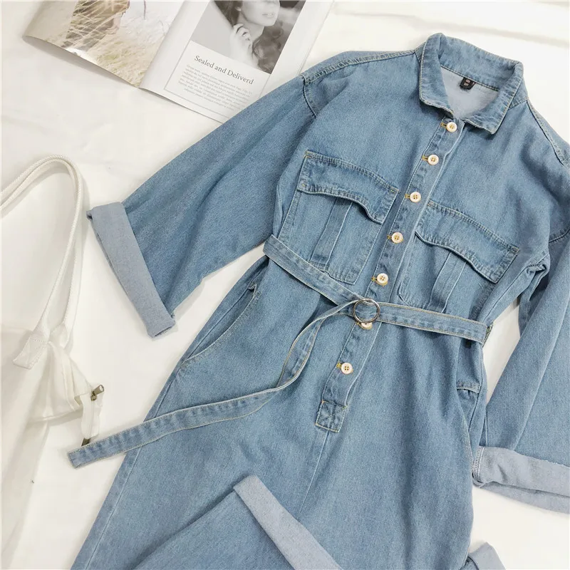 Casual Blue Denim Romper Jumpsuits Women Solid One Piece Long Sleeve Bodysuit Femme Jean Overalls with Sashes Plus Size Playsuit