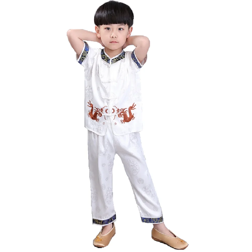 Chinese Traditional Kungfu Suit For Children Tang Clothes Set Embroidery Dragon Baby Boys Cardigan Tee Trouser New Year Costumes