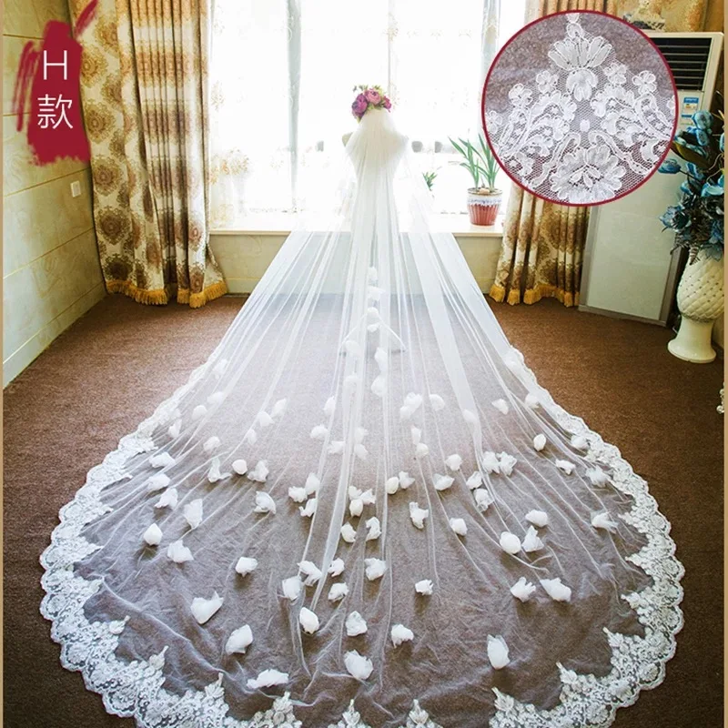 Long Wedding Veils Lace Appliques Bridal Veils Hand Made Flowers Velo de Novia 4 Meters Wedding Accessories Two Layers Veils