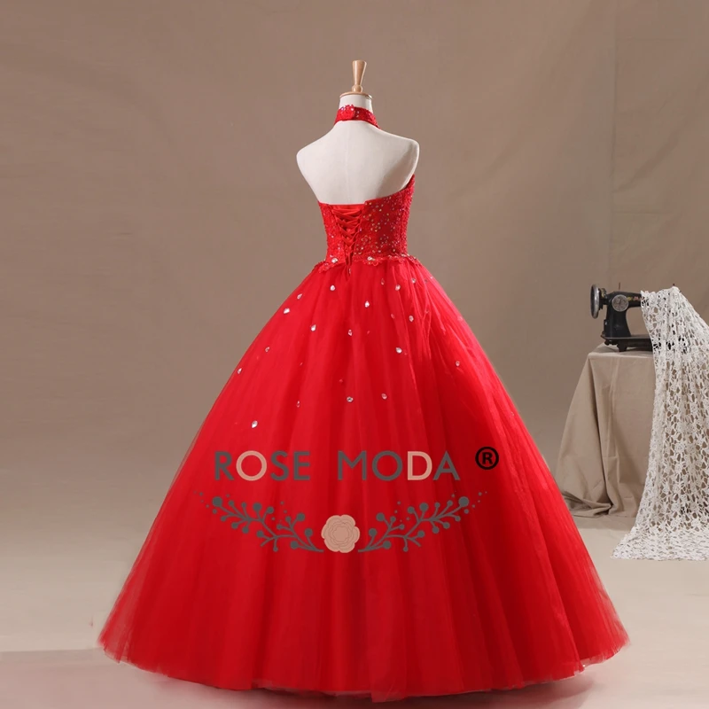 Rosa moda halter decote laço topo vermelho inchado tule quinceanera vestido vestido de baile fotos reais