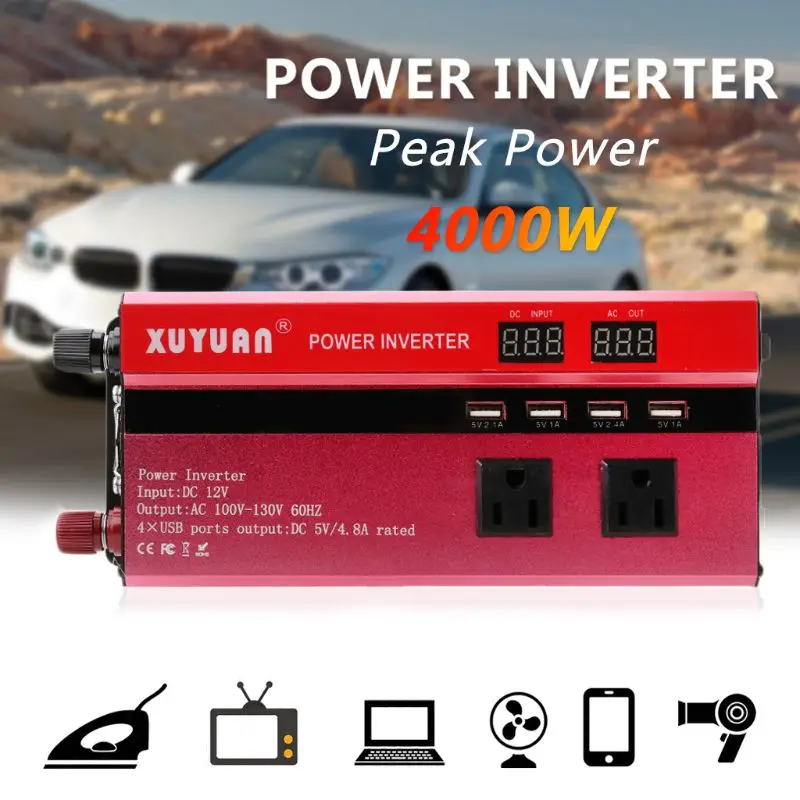 Solar Power Inverter Sine Wavy LED 4 USB DC12 To AC110V/220V Convert