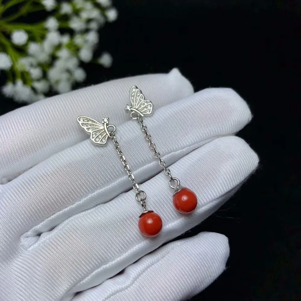 KJJEAXCMY fine jewelry 925 pure silver inlaid natural red coral fire color female fringe Tassel Earrings can be detected