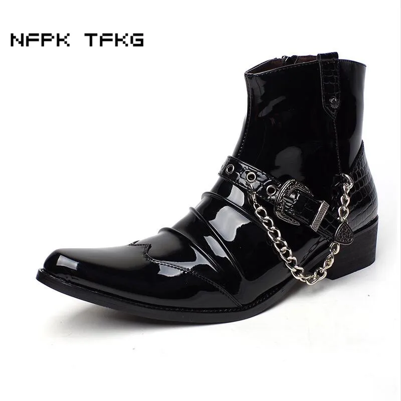 men luxury fashion hip hop punk style ankle boots pointed toe patent leather shoes metal chain western boot handsome short botas