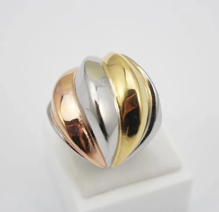 Stainless Steel 3 Color Rings Women Fashion Jewelry Golden Silver color Rose Golden Unique Cocktail Party Ring Size 6 7 8 9