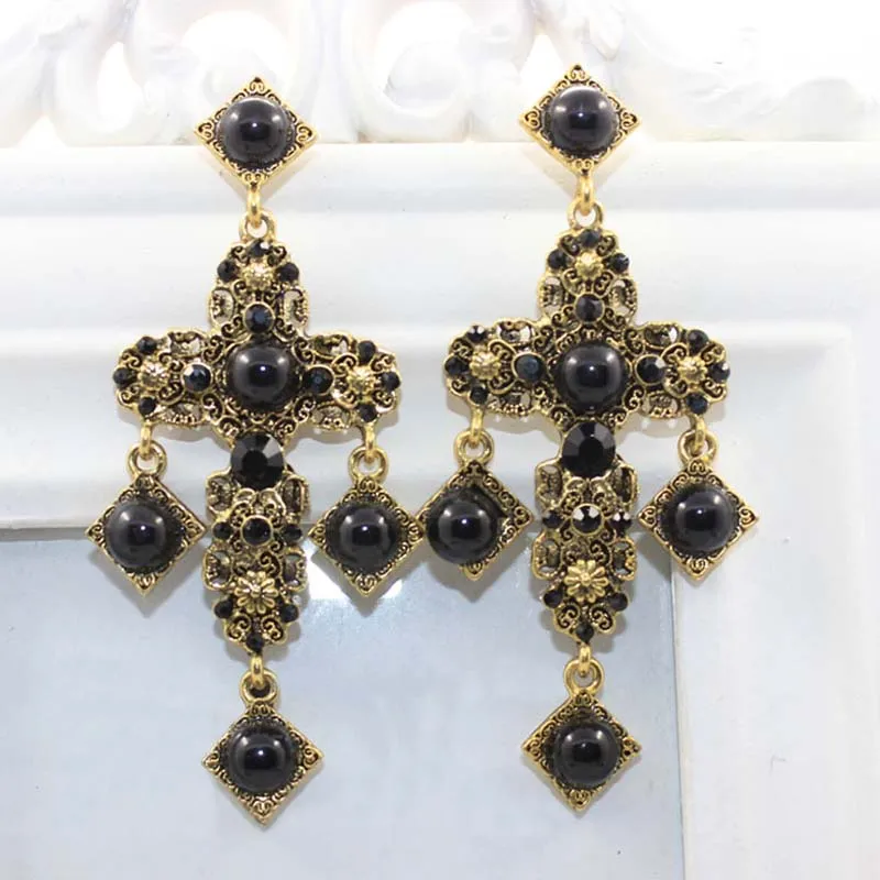 Baroque Fashion Vintage Cross Pearl Dangle Long crystals Tassel Pendant Retro Statement Earrings Women Party Earrings