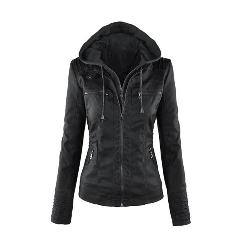 2023แฟชั่นฤดูหนาวหนังสังเคราะห์แจ็คเก็ตสตรีเสื้อแจ็คเก็ตพื้นฐาน Hooded แบบบางสีดำรถจักรยานยนต์เสื้อคลุมสตรีหญิง XS-7XL