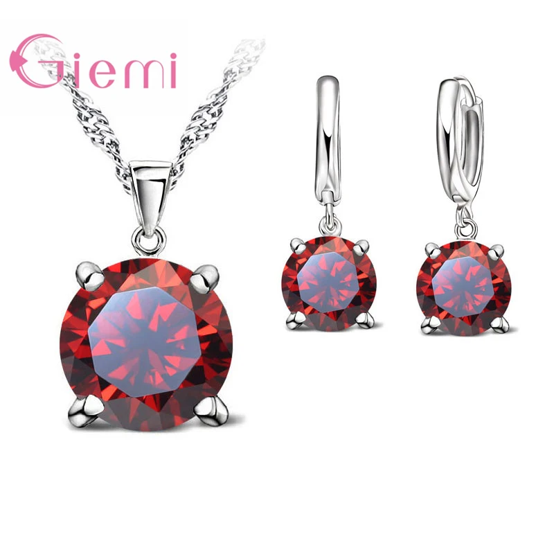 Top Quality Real 925 Silver Needle Wedding Jewlery Sets Women 5A Cubic Zirconia Round Pendant Necklace Hoop Earring Sets