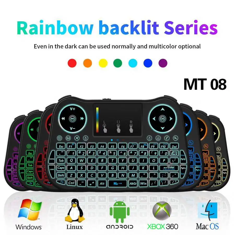 MT08 English Russian Spanish Mini Wireless Keyboard Touchpad 2.4GHz Air Mouse with Rainbow backlit For Smart TV BOX Computer