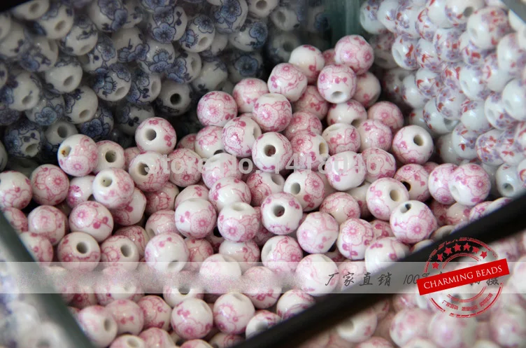 Chinoiserie 10mm 50pcs Flower paited Ceramic Beads,Round Loose Beads For Jewelry making CY027