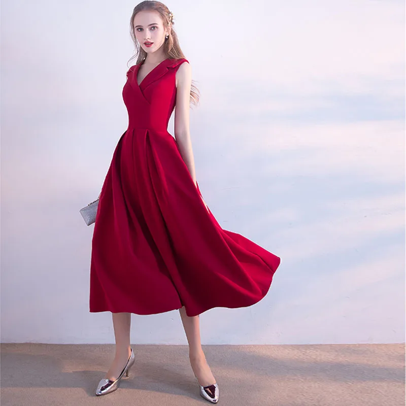 Burgundy Prom Dresses V-neck Sleeveless Draped Skirt Elegant 2019 New Arrival A-line Formal Party Dresses Simple Prom Gowns