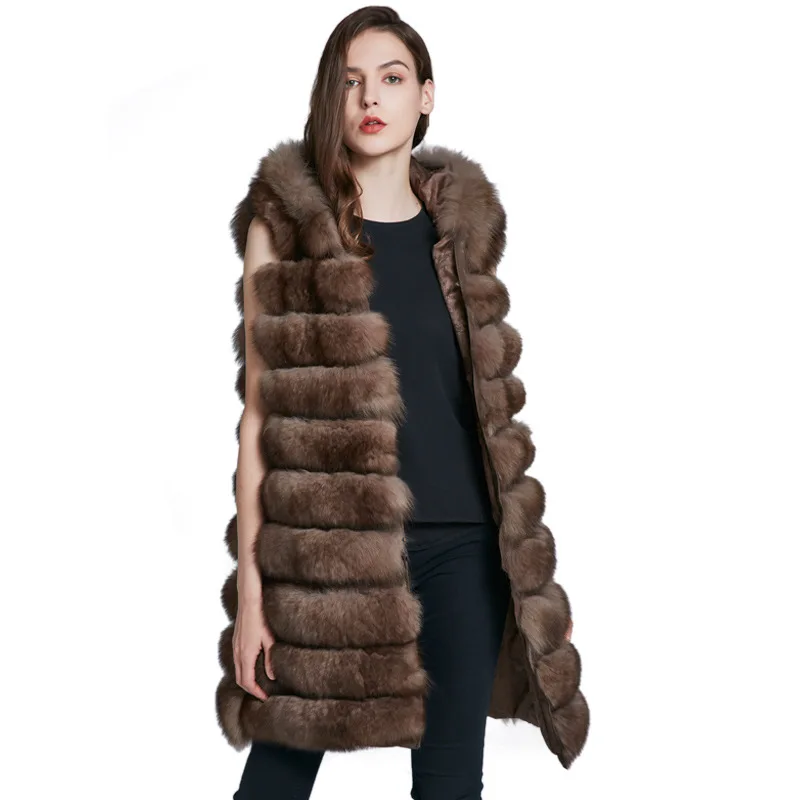 

Luxury Lady Real Fox Fur Vest With Hoody Detachable Waistcoat Autumn Winter Genuine Women Gilet Slim Outerwear Coats LF5112