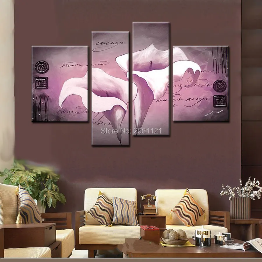 modern hand painted canvas oil painting pancy lilac violet wall pictures for living room decor flowers picture 4 panel