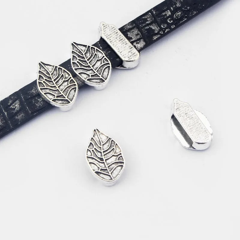 20 Pcs Antique  Leaf Tone Slider Spacer Bead For Flat Leather Bracelet Making