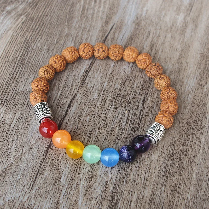 8MM Rudraksha Wooden Beads 7 Chakra Bracelet Handmade DIY Buddha Mantra Women Men Yoga Healing Reiki Mala Seven Chakra Bracelet