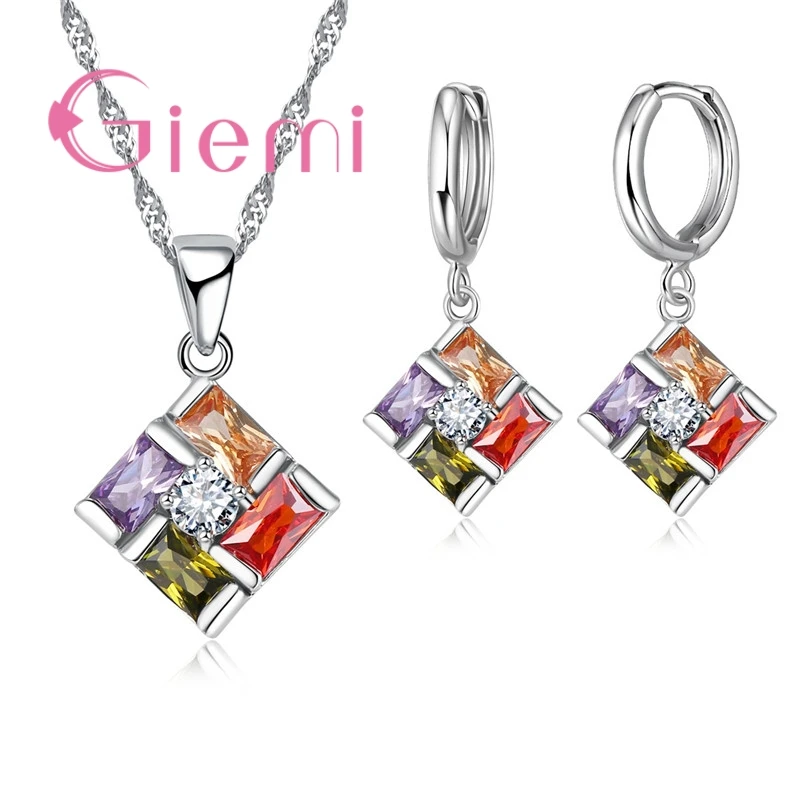 Cubic Zirconia 925 Sterling Silver Interested Gorgeous Crystal Square Quartet Ladies Necklace Earrings Set High Discount