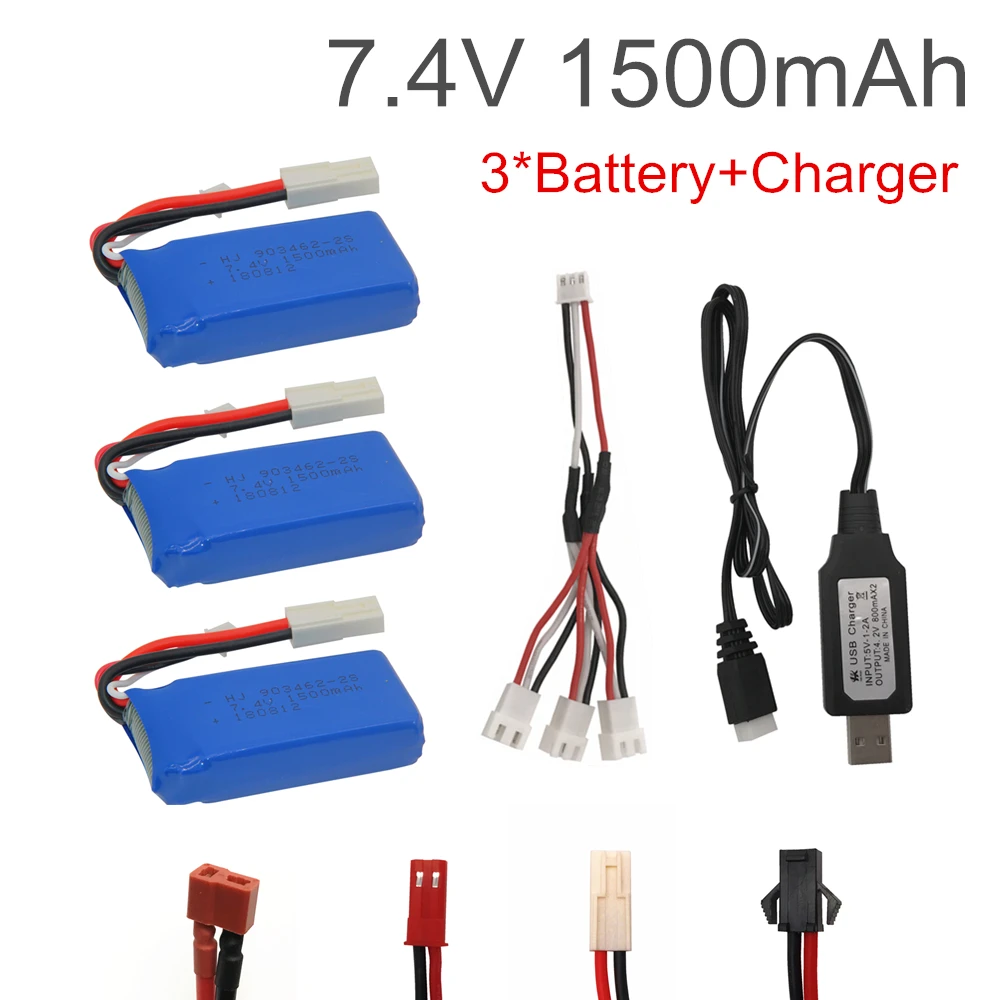 3PCS 7.4V 1500mAh Lipo battery With USB Charger For FT009 RC Boat 12428 battery Lipo 2S 7.4 V 1500 mah 903462 2S JST SM T PLUG