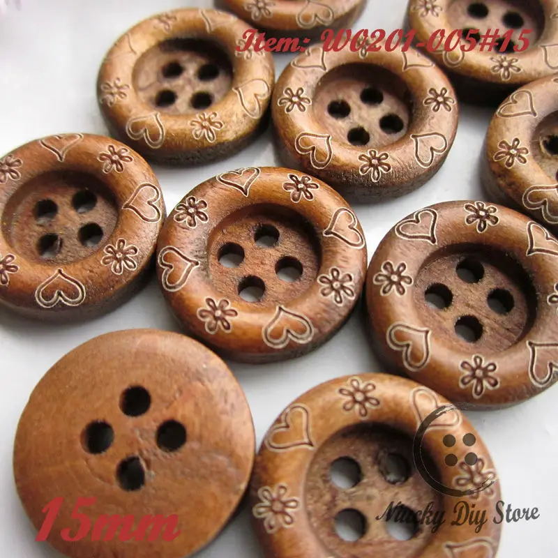 

50pcs 15mm 4 holes coffee laser heart flower wood shirt button supplies for sewing diy scrapbooking craft decorative accessories