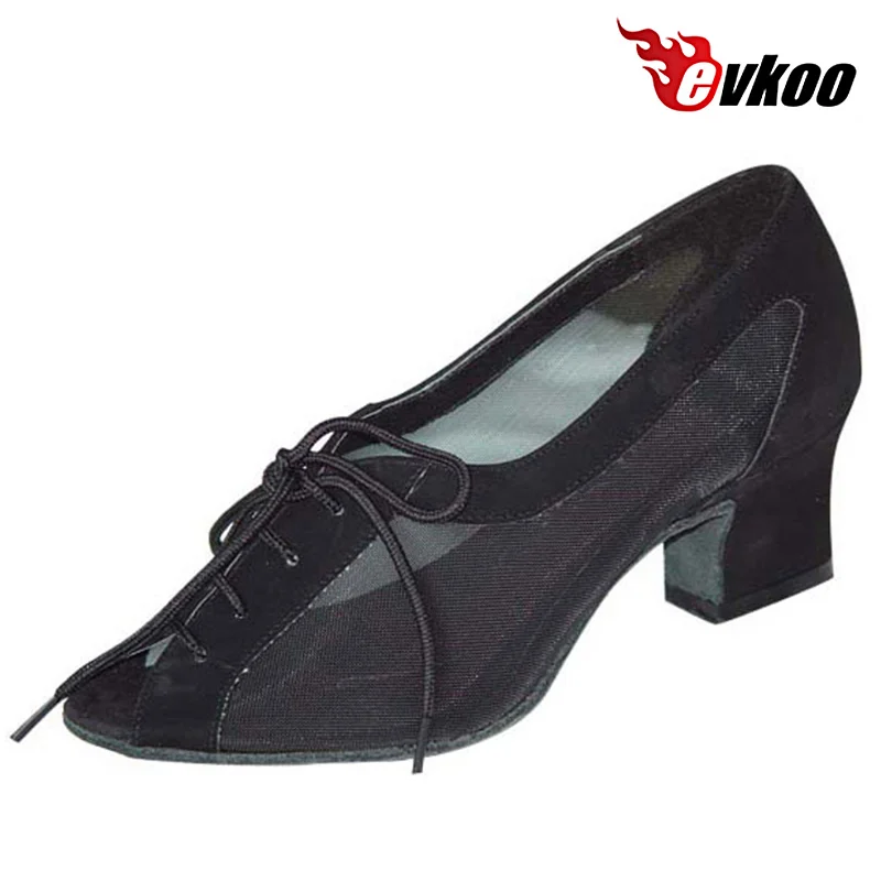 Evkoodance Nubuck Black Khaki Color Sexy Mesh customized 4.5cm Heel Height Hot Sale Low Heel Ballroom Dance Shoes Evkoo-059 shoe