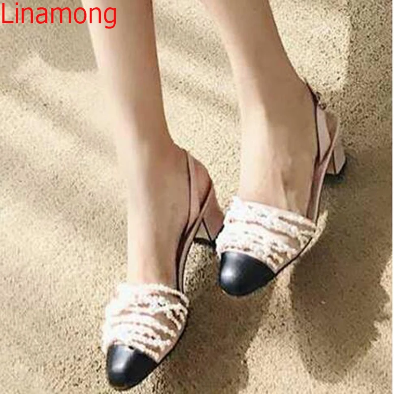 

Summer Sexy Black toe Pearl String Embellished Med Chunky Heels Sandals Woman Ankle Strap Pointed toe Outfit Pumps Shoes