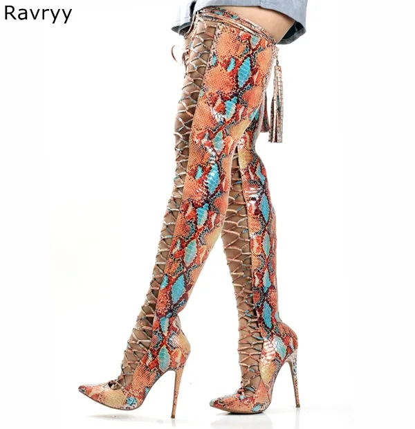 Pointed Toe Cross-tied Woman Long Boots Summer Colorful Snakeskin Over-the-knee Sandal Boots Lace Up Female Motorcycle Booties