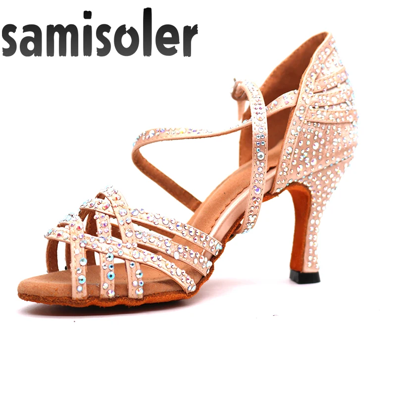 

Samisoler Ladies Latin dance shoes with Brown rhinestone salsa dancing shoes Fashion Comfortable satin soft high heels 5CM-10CM