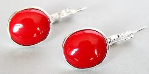 lady\'s handmade 925 red coral Leverback Earrings 1 1/10\