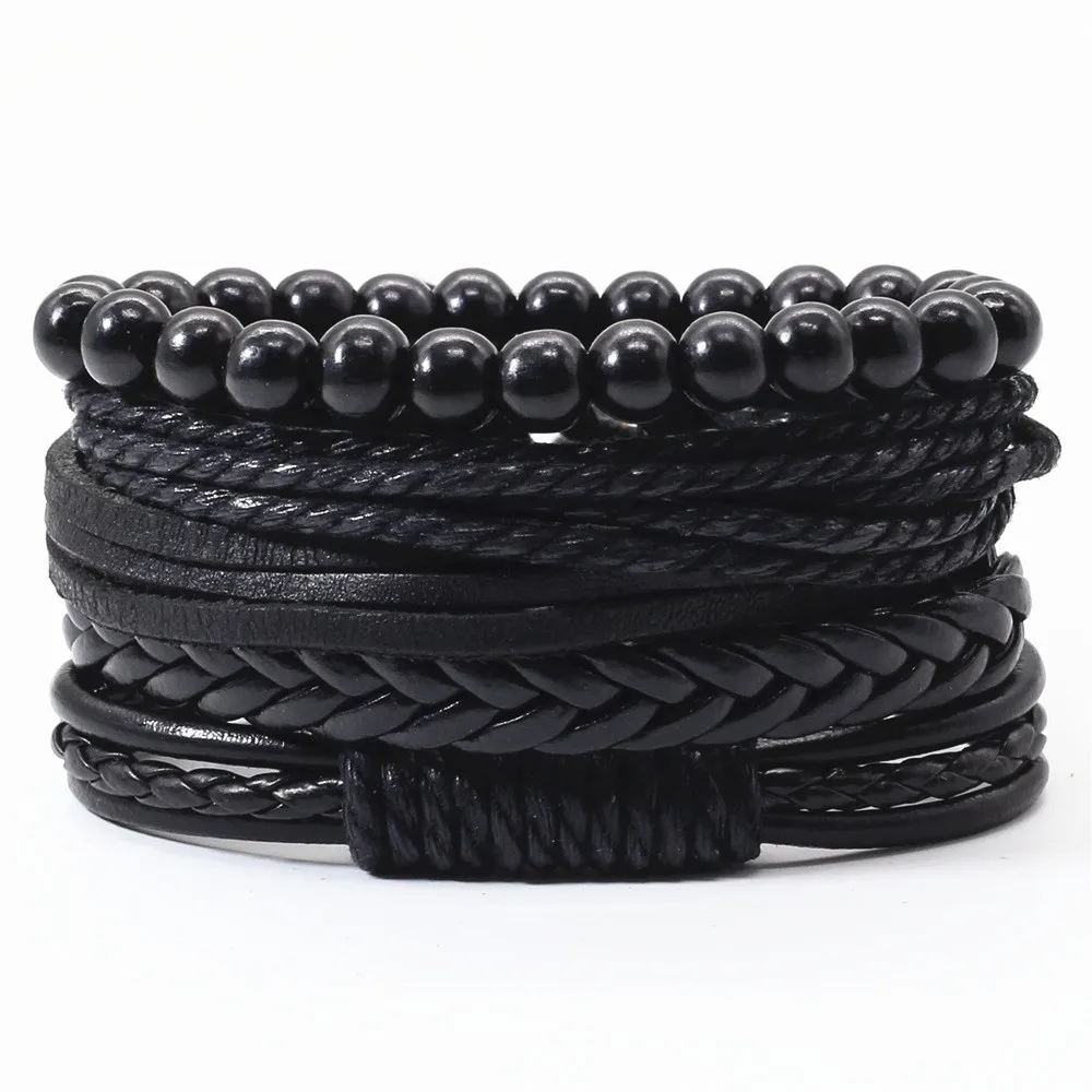 Handmade Woven Retro 4 Pcs/set Vintage Beads Brown Black Leather Men Bracelets For Women Femme Homme Male Jewelry