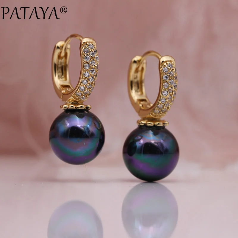 PATAYA New Earring Women Fashion Wedding Geometric Jewelry 585 Rose Gold Color Shell Pearls Natural Zircon Dangle Earrings