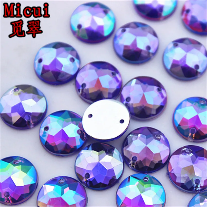Micui 100PCS 12mm AB Round Acrylic Rhinestones Crystal Flat Back Beads Sew On 2 Holes Stones For Clothing Craft Decoration ZZ327