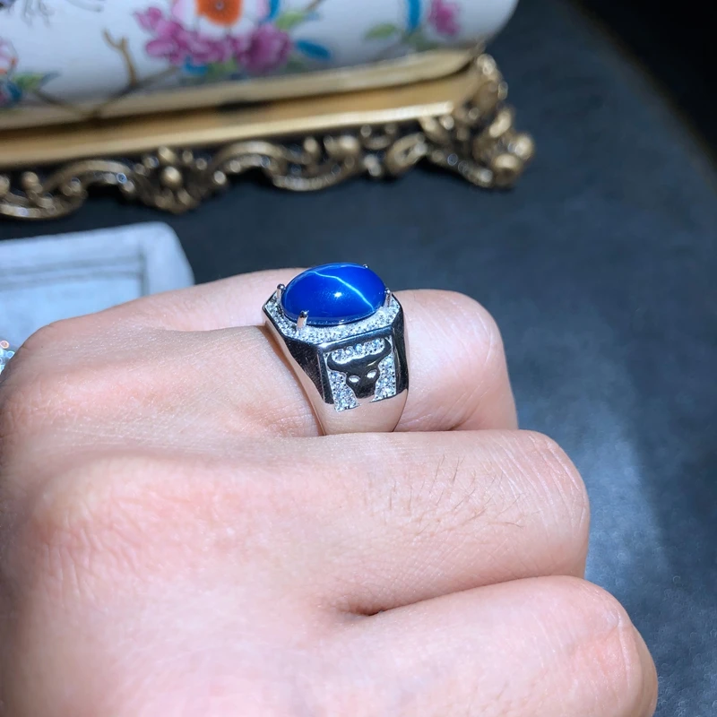 big sale bull shape blue star sapphire gemstone ring man silver man ring real 925 sterling silver birthday gift muscular power