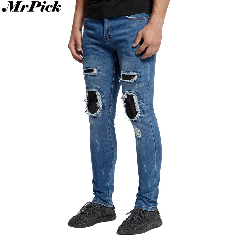 New Men Tapered Leather Knee Biker Jeans Fashion Casual Designer Brand Stretch Skinny Jeans